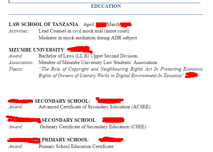 education details in CV